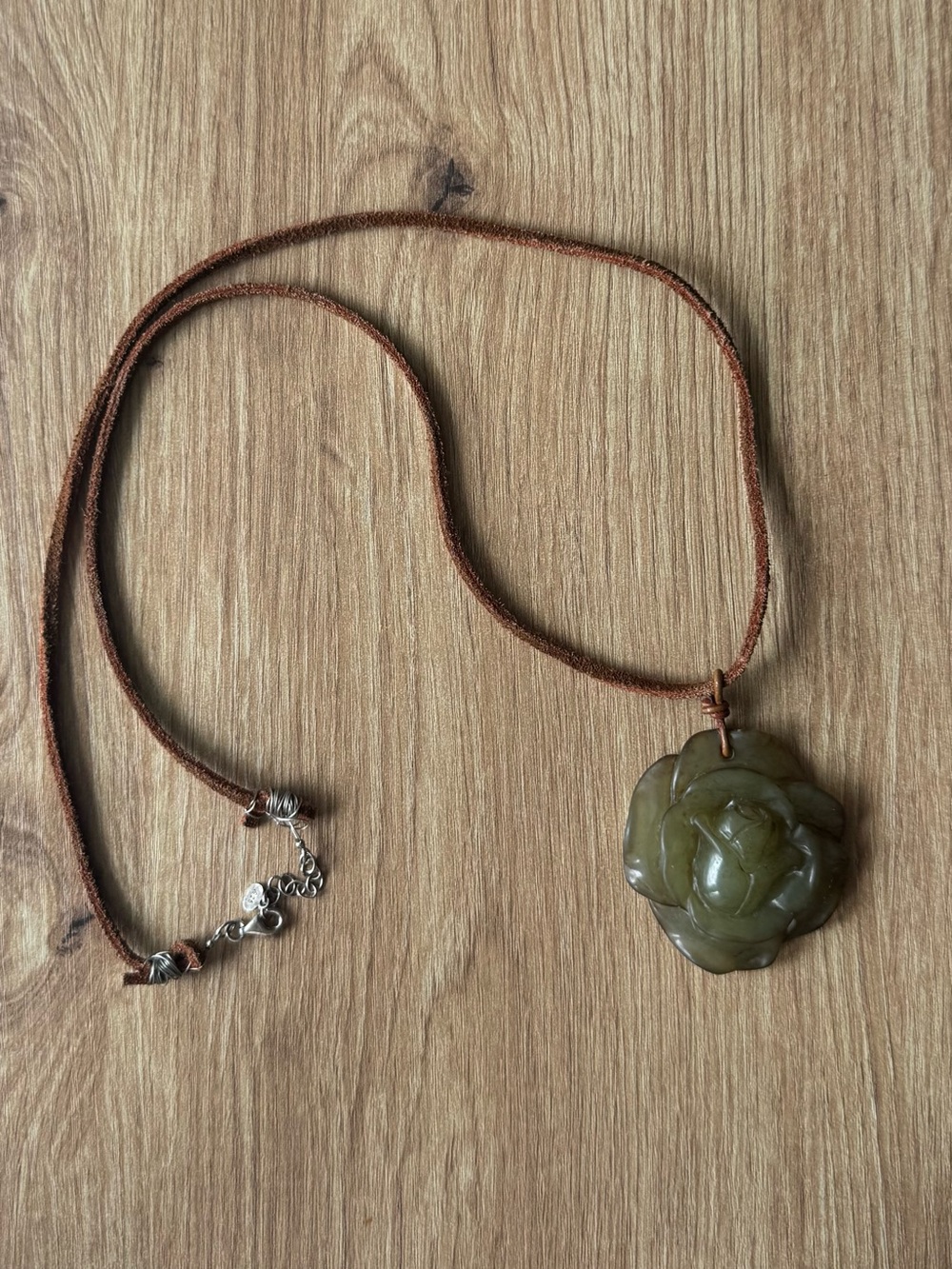 Vintage Tica Rosa Green Carved Stone Flower Pendant Necklace Brown Leather Cord